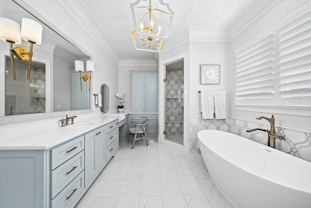 bathroom featuring ornamental molding, vanity, tile walls, plus walk in shower, and a chandelier