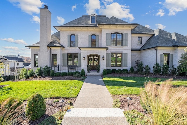 french country home with french doors and a front lawn