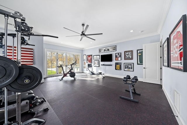 exercise room with ceiling fan and crown molding