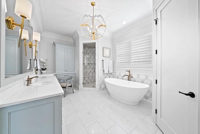 bathroom with a chandelier, vanity, independent shower and bath, and ornamental molding