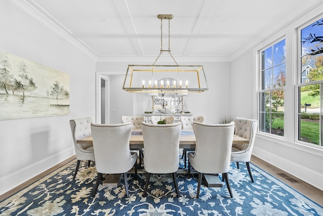 dining area featuring ornamental molding, wood-type flooring, coffered ceiling, and a notable chandelier