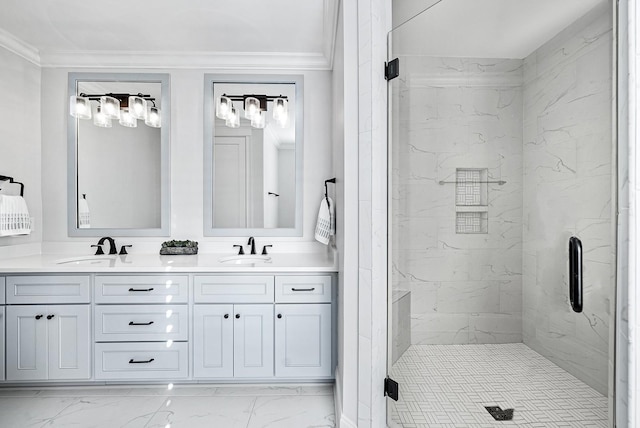 bathroom featuring vanity, walk in shower, and ornamental molding