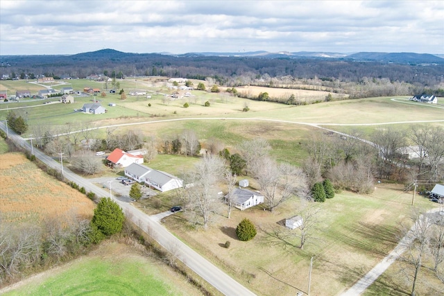 drone / aerial view featuring a mountain view and a rural view