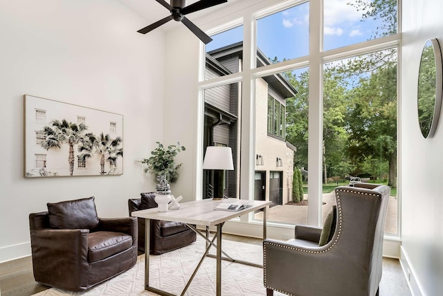 living area featuring ceiling fan, plenty of natural light, and hardwood / wood-style flooring