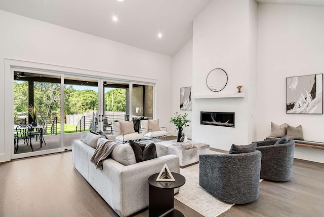 living room with hardwood / wood-style floors and high vaulted ceiling