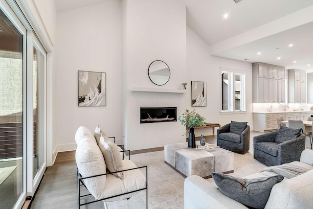 living room featuring light hardwood / wood-style floors and vaulted ceiling