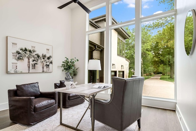 sunroom with ceiling fan