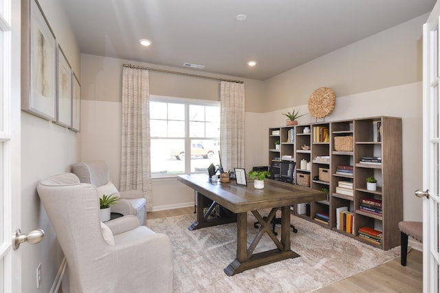 office area featuring light hardwood / wood-style floors