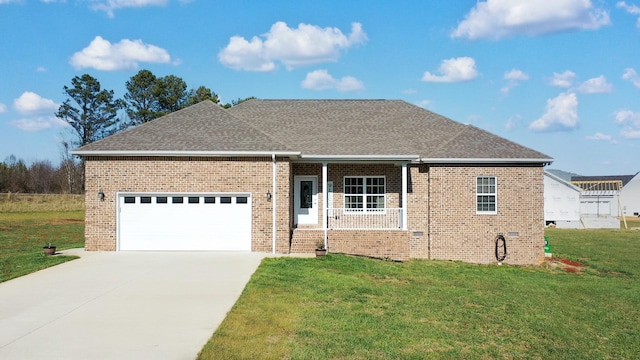 ranch-style home with a front yard and a garage