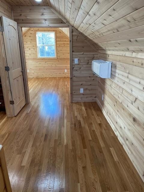 additional living space with hardwood / wood-style floors, lofted ceiling, wood walls, and wooden ceiling