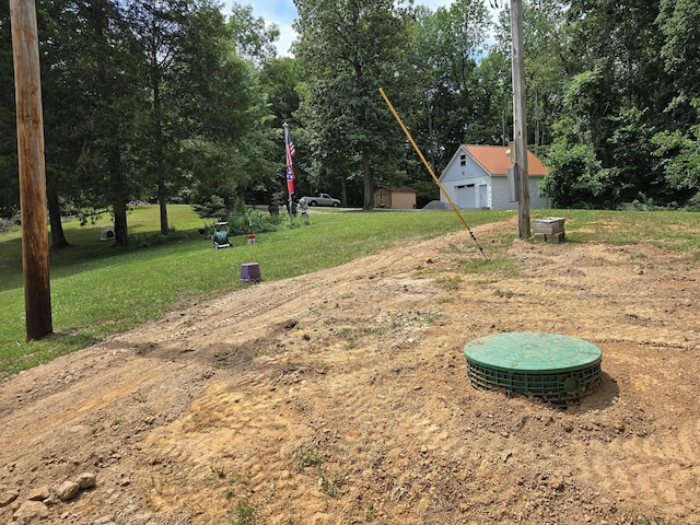 view of yard featuring an outdoor structure and a garage