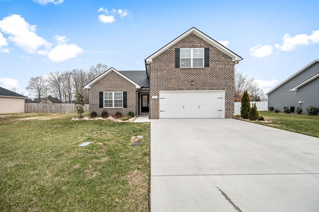 view of property with a garage and a front lawn