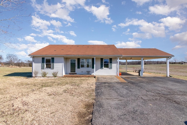 ranch-style house with a front lawn and a carport