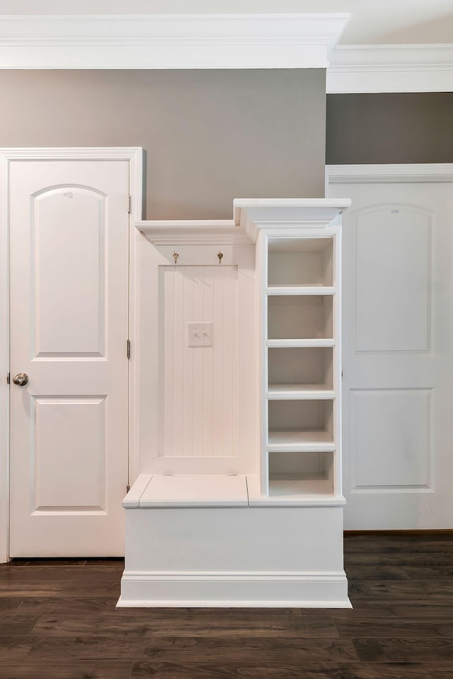 mudroom with crown molding and dark hardwood / wood-style flooring