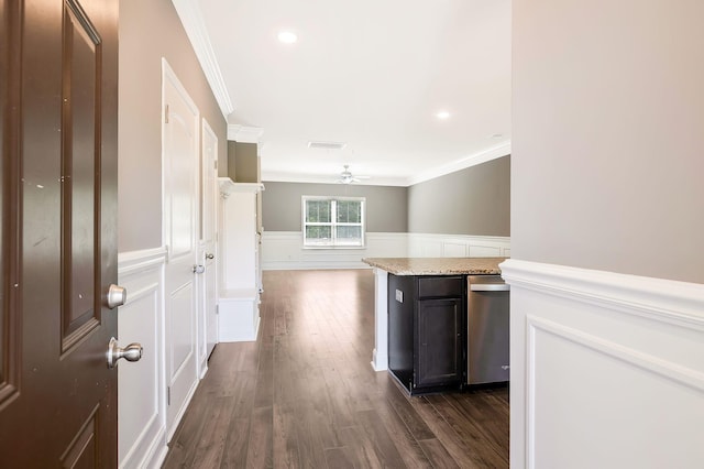 corridor featuring dark hardwood / wood-style floors and ornamental molding