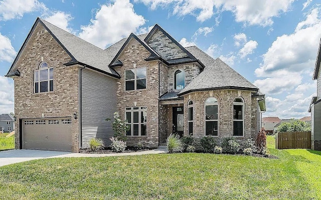 view of front of property featuring a front yard and a garage