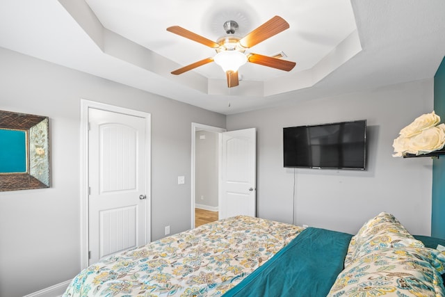 bedroom with a raised ceiling, ceiling fan, and a closet