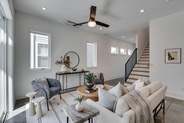 living room with ceiling fan