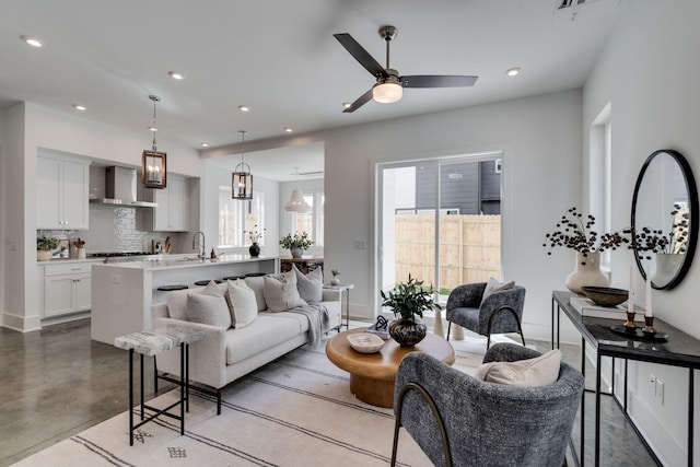 living room featuring ceiling fan