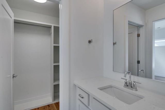 bathroom with vanity and wood-type flooring