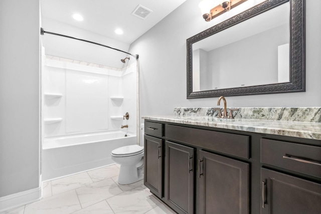 full bathroom with vanity, toilet, and tub / shower combination