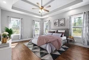 bedroom featuring a raised ceiling, ceiling fan, and dark wood-type flooring