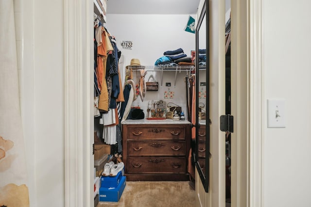 spacious closet featuring light colored carpet