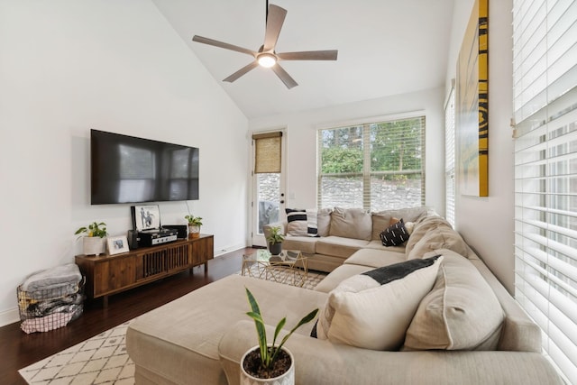 living room with hardwood / wood-style flooring, high vaulted ceiling, and ceiling fan