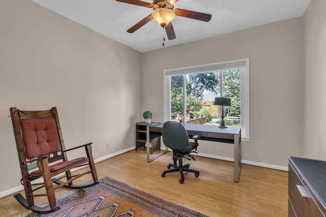 home office with light hardwood / wood-style flooring and ceiling fan