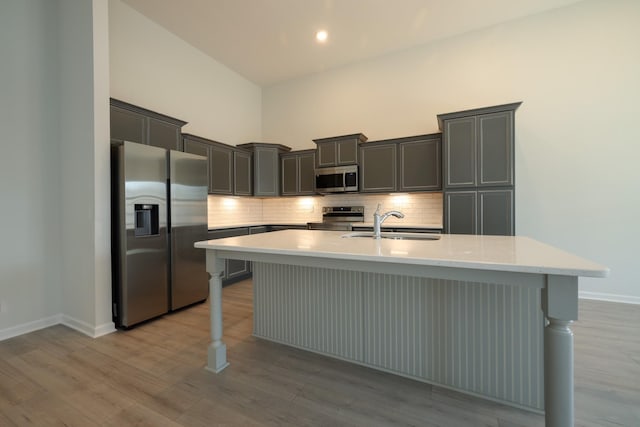 kitchen featuring tasteful backsplash, stainless steel appliances, sink, and a kitchen island with sink