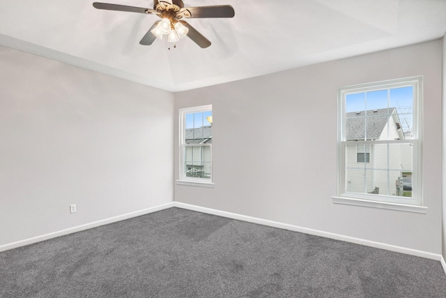 carpeted spare room with plenty of natural light, ceiling fan, and a tray ceiling