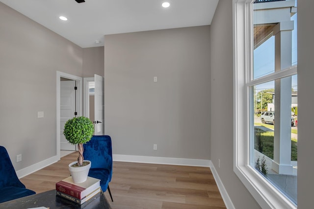 sitting room with light hardwood / wood-style flooring