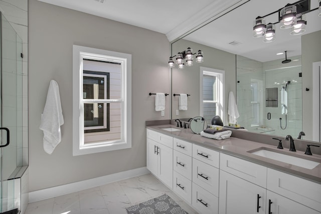 bathroom featuring vanity and walk in shower