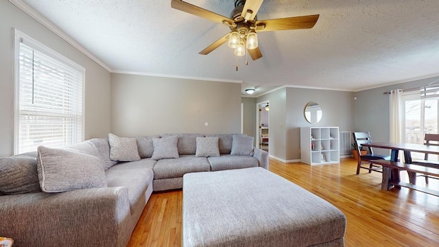 living room with crown molding, ceiling fan, light hardwood / wood-style floors, and a textured ceiling