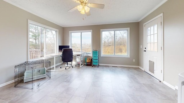 office area with ceiling fan and ornamental molding