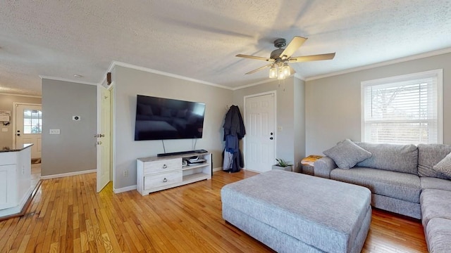 living room with light hardwood / wood-style flooring, ceiling fan, and ornamental molding