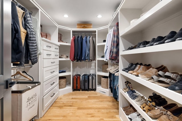 spacious closet featuring light hardwood / wood-style flooring