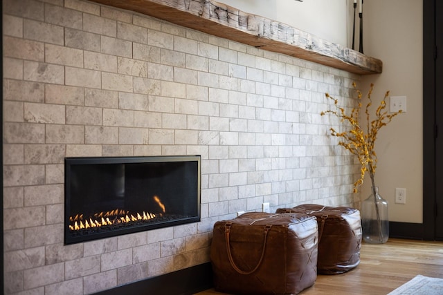 details with a tile fireplace and hardwood / wood-style floors