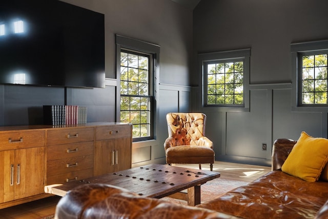 living room with wood-type flooring and lofted ceiling