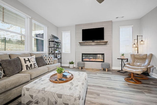 living room with a fireplace and light hardwood / wood-style floors