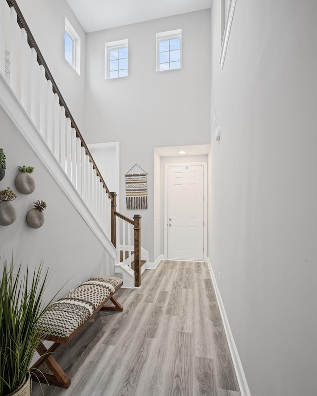 foyer with a towering ceiling and light hardwood / wood-style flooring