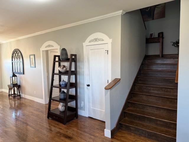 stairs with baseboards, wood finished floors, and ornamental molding