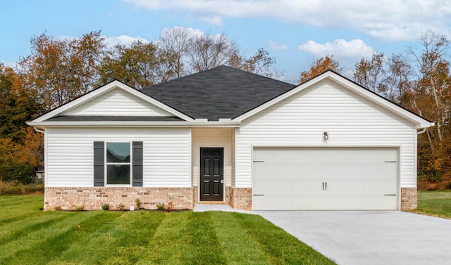 ranch-style home with a garage and a front lawn