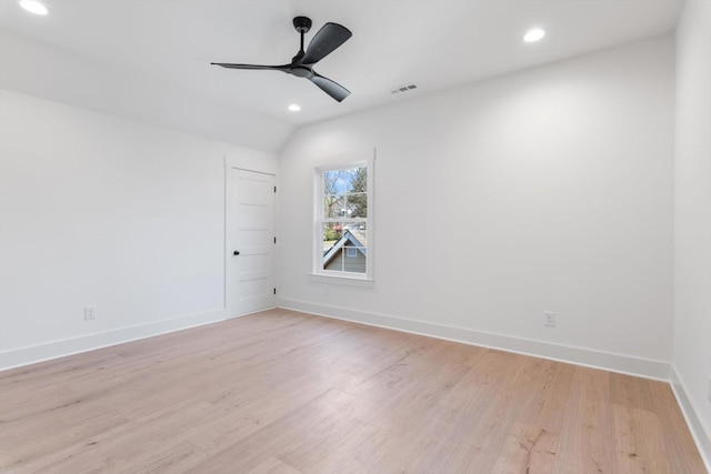 empty room featuring baseboards, visible vents, recessed lighting, ceiling fan, and light wood-type flooring