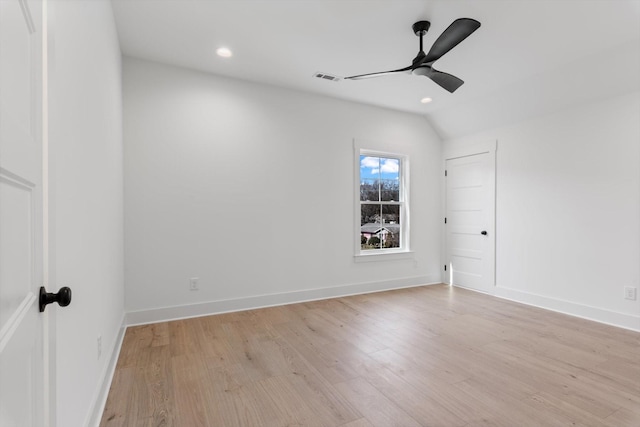 spare room featuring baseboards, visible vents, light wood-style flooring, recessed lighting, and ceiling fan