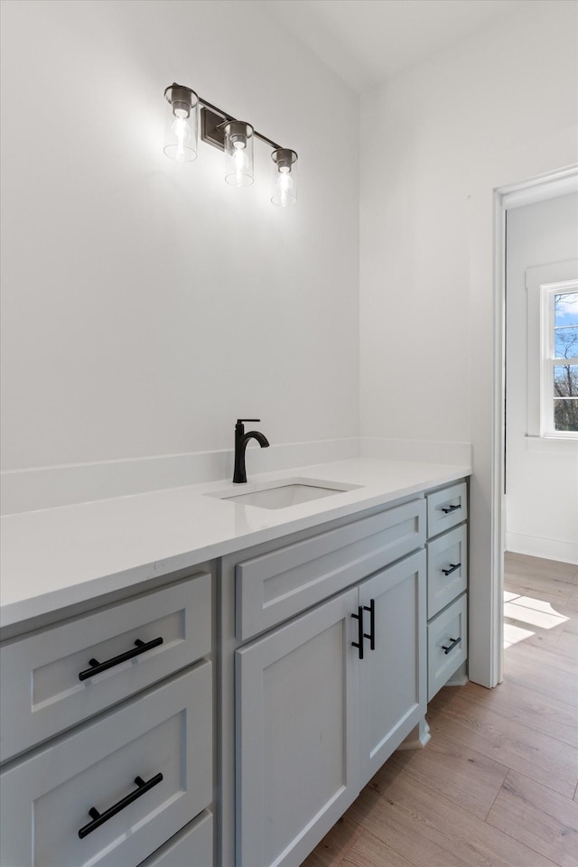 bathroom with wood finished floors and vanity