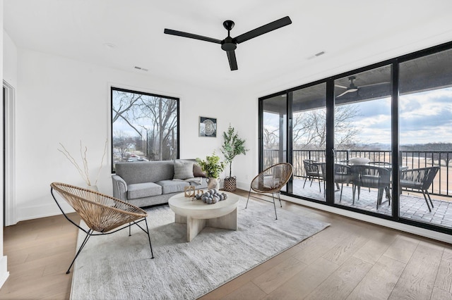 living room featuring hardwood / wood-style floors, ceiling fan, and a wall of windows