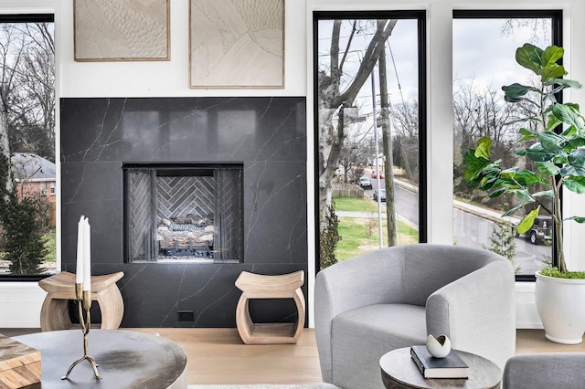 living area with a wealth of natural light and an outdoor fireplace