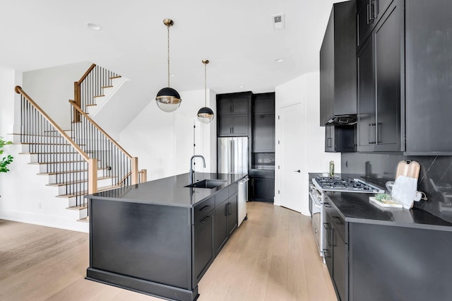 kitchen with pendant lighting, sink, light hardwood / wood-style flooring, an island with sink, and stainless steel appliances