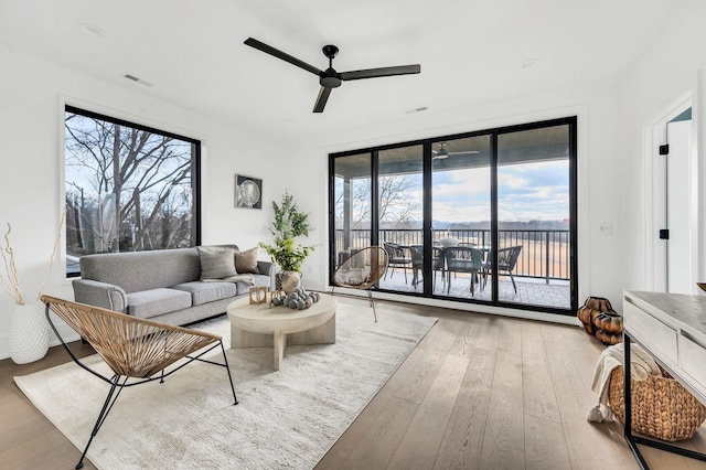 living room with floor to ceiling windows, light hardwood / wood-style floors, and ceiling fan